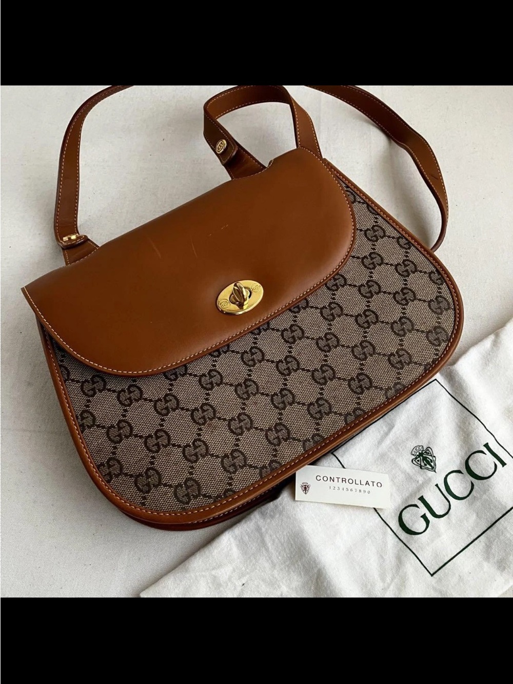 Vintage Gucci Brown Monogram Canvas and Leather Shoulder Bag
